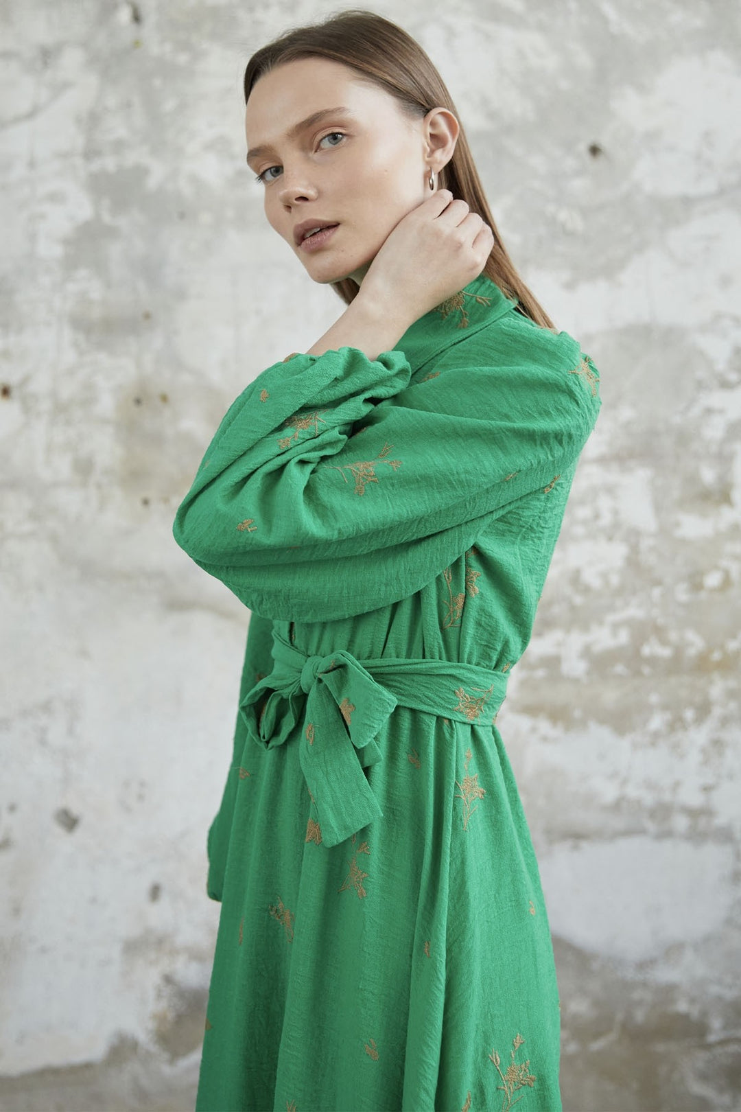 MDS Women Belted Embroidered Dress - Green - Abington