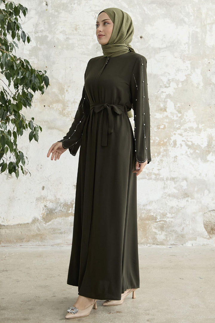 MDS Women Stone-Embroidered Sleeve Abaya - Khaki - San Adrián de Besós