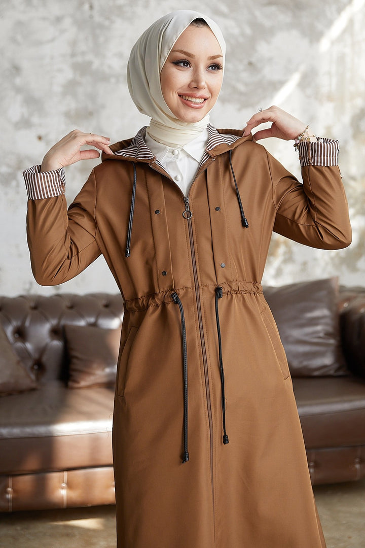 MDS Women Checked Striped Pattern Long Trench Coat - Tan - Messina