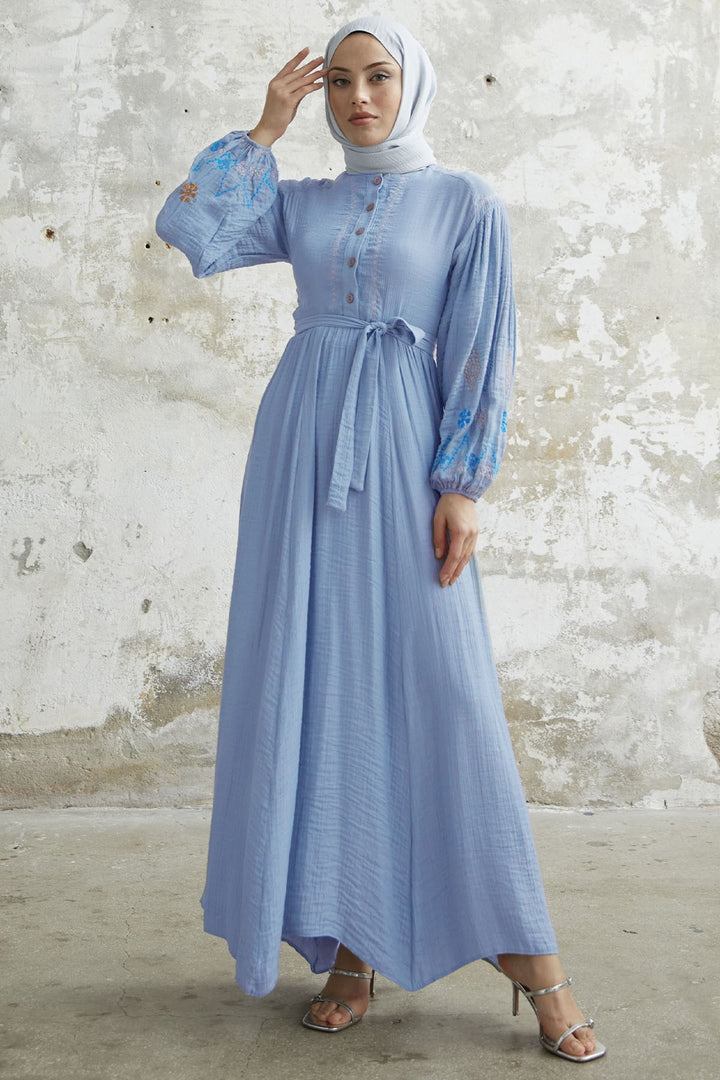 MDS Women Waffle Dress with Embroidered Sleeve - Baby Blue - Knoxville