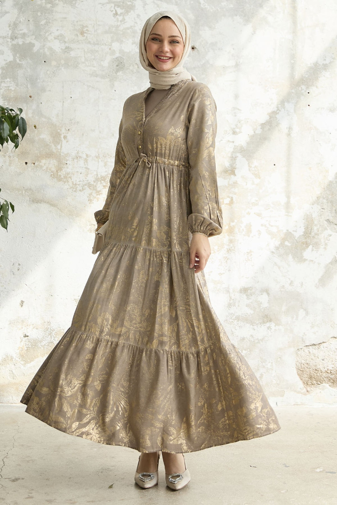 MDS Women Gold Flower Leaf Dress - Mink - Randolph
