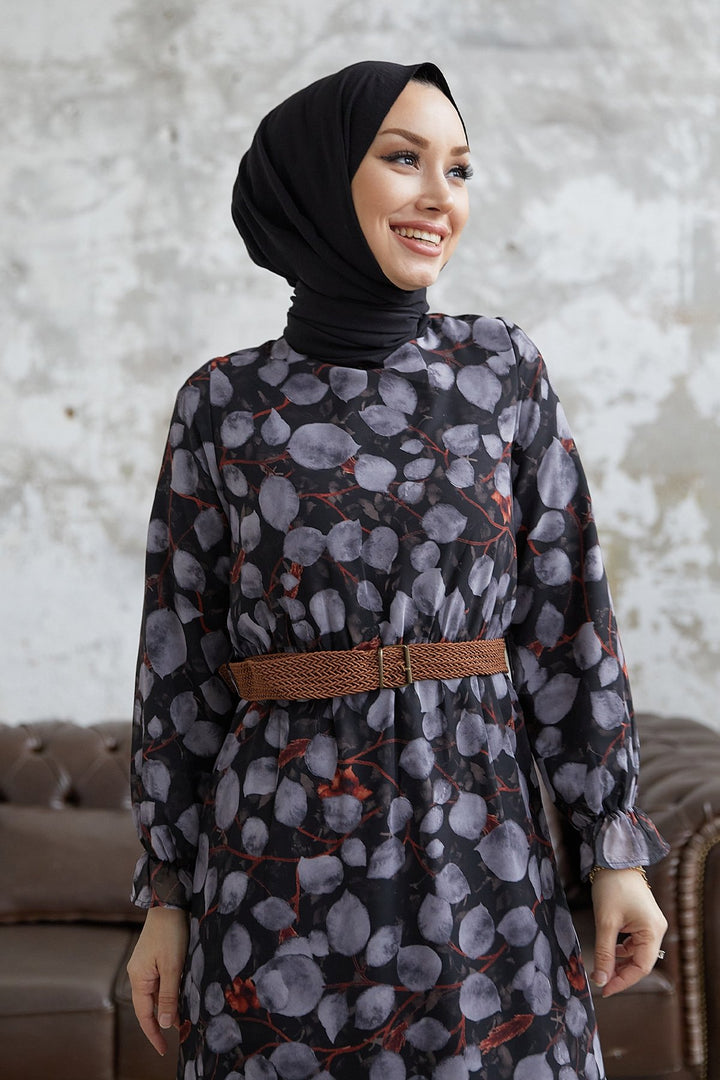 MDS Women Drop Pattern Belted Chiffon Dress - Anthracite - Bathurst