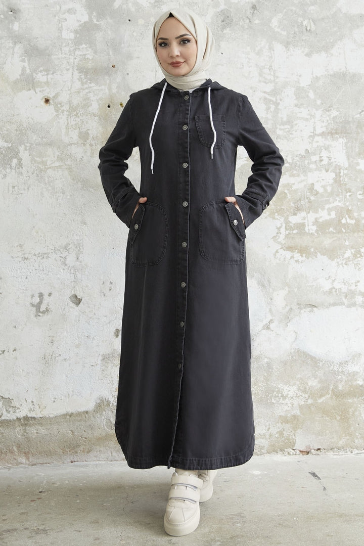 MDS Women Pocket Hooded Denim Abaya - Black - Bel Air South