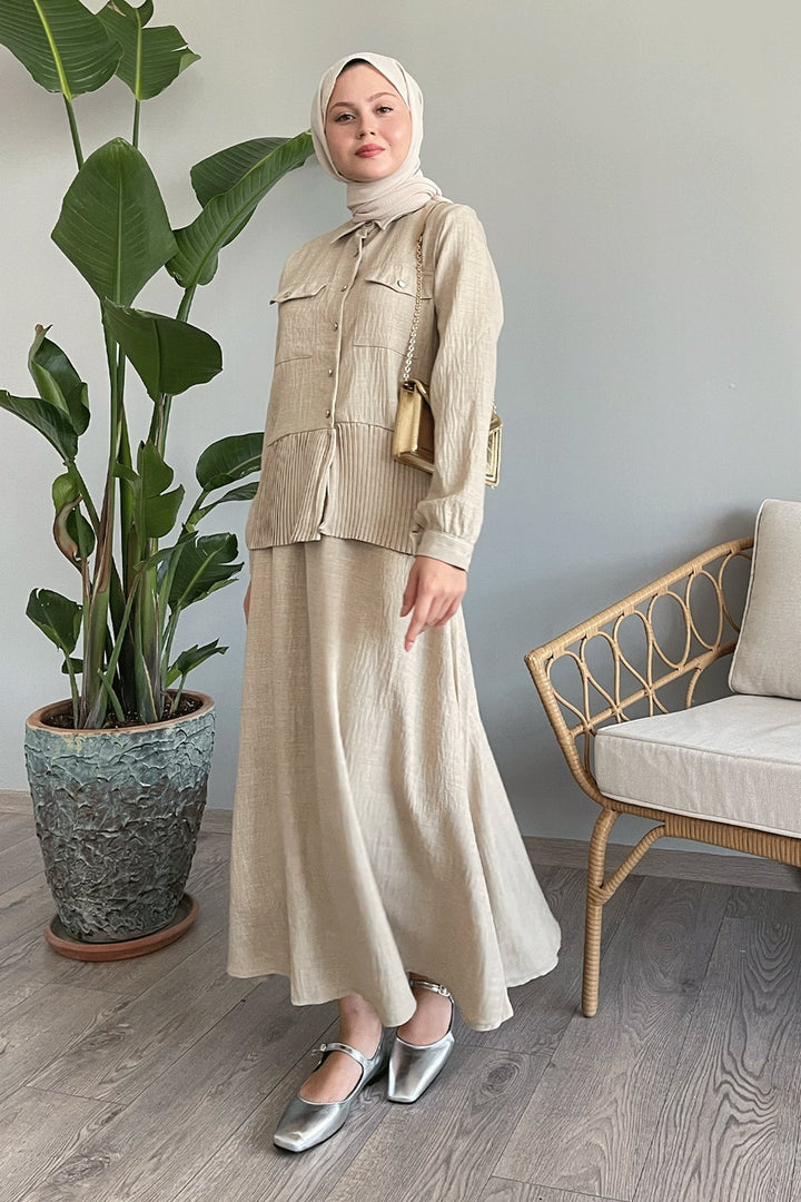 MDS Women Beige Linen Suit with Pleated Skirt - Northampton