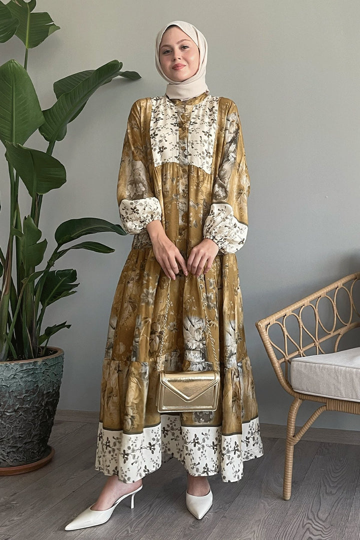 MDS Women Crunchy Flower Detail Camel Viscose Dress - Salt Lake City
