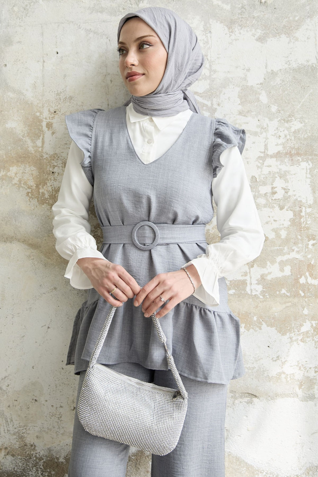 MDS Women Ruffled Shoulder Three Piece Set - Gray - Monterotondo