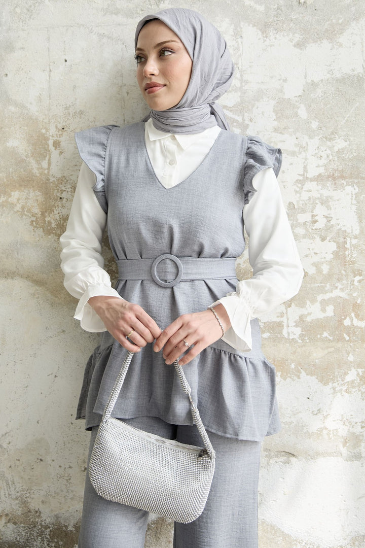 MDS Women Ruffled Shoulder Three Piece Set - Gray - Monterotondo