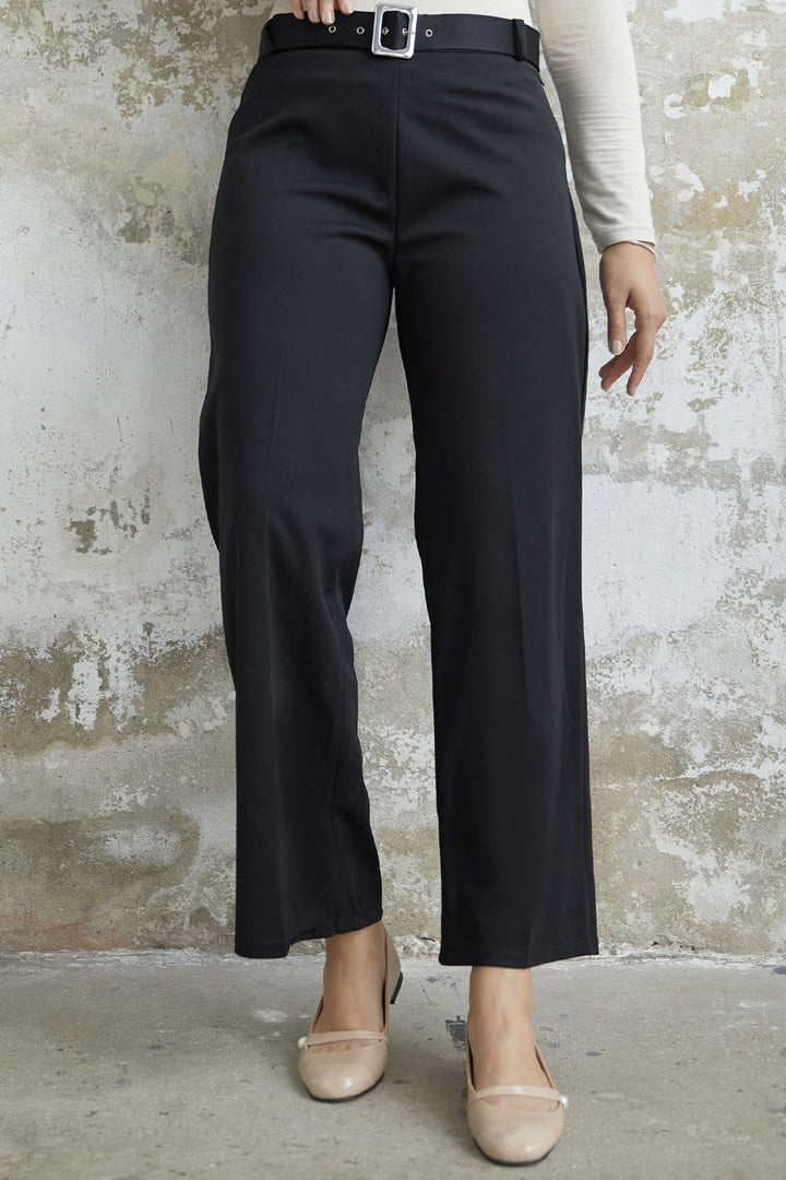 MDS Women Belted Ruffle Detail Scuba Crepe Pants - Black - Santiago Tuxtla