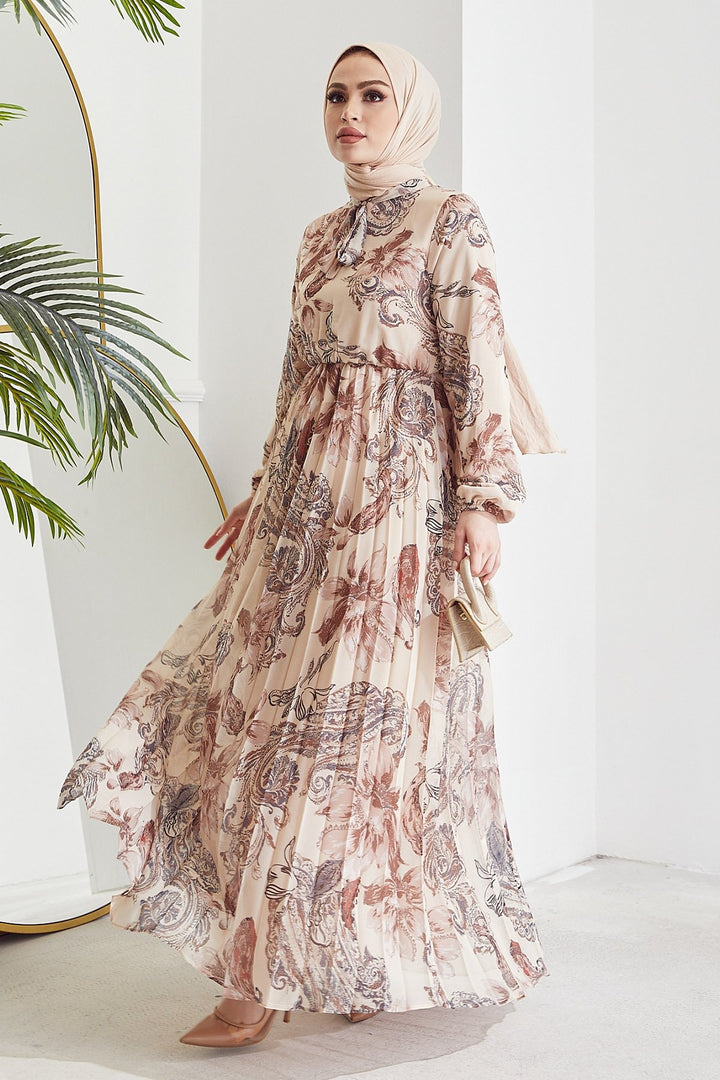 MDS Women Serena Flower Pattern Pleated Chiffon Dress - Beige - Jocotepec