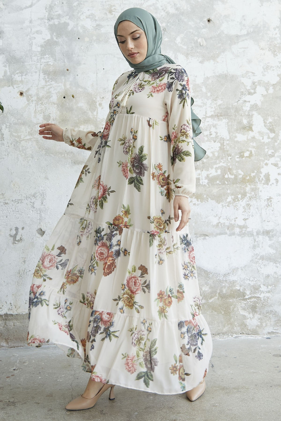 MDS Women Lace-Up Floral Chiffon Dress - Cream - Nelson