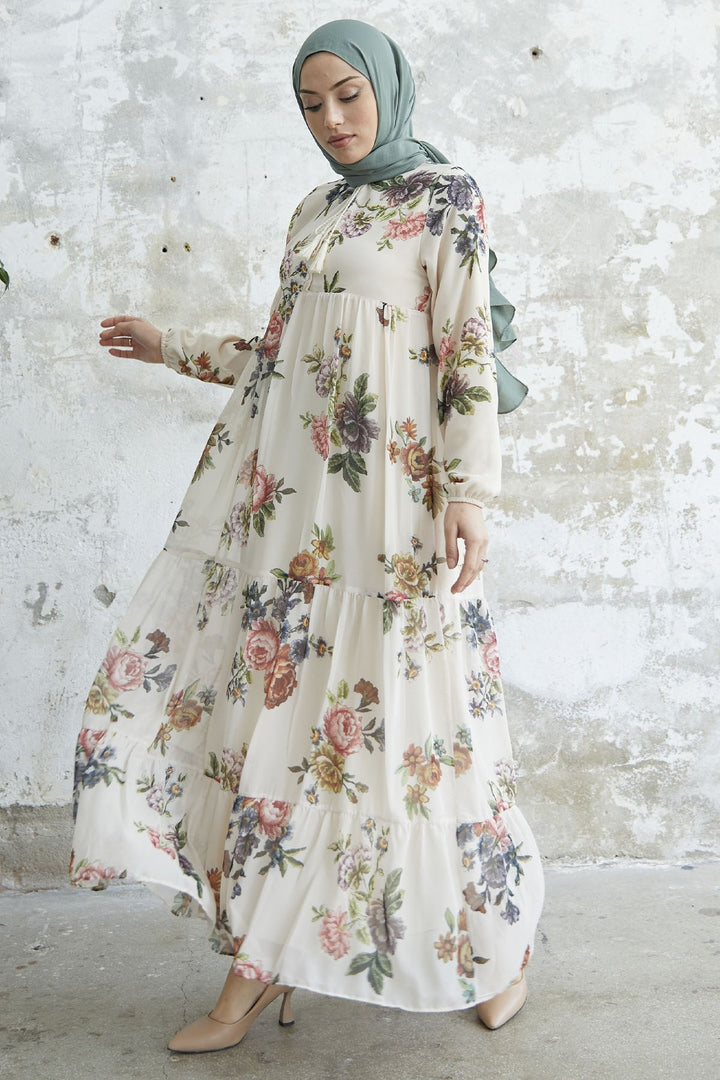 MDS Women Lace-Up Floral Chiffon Dress - Cream - Nelson