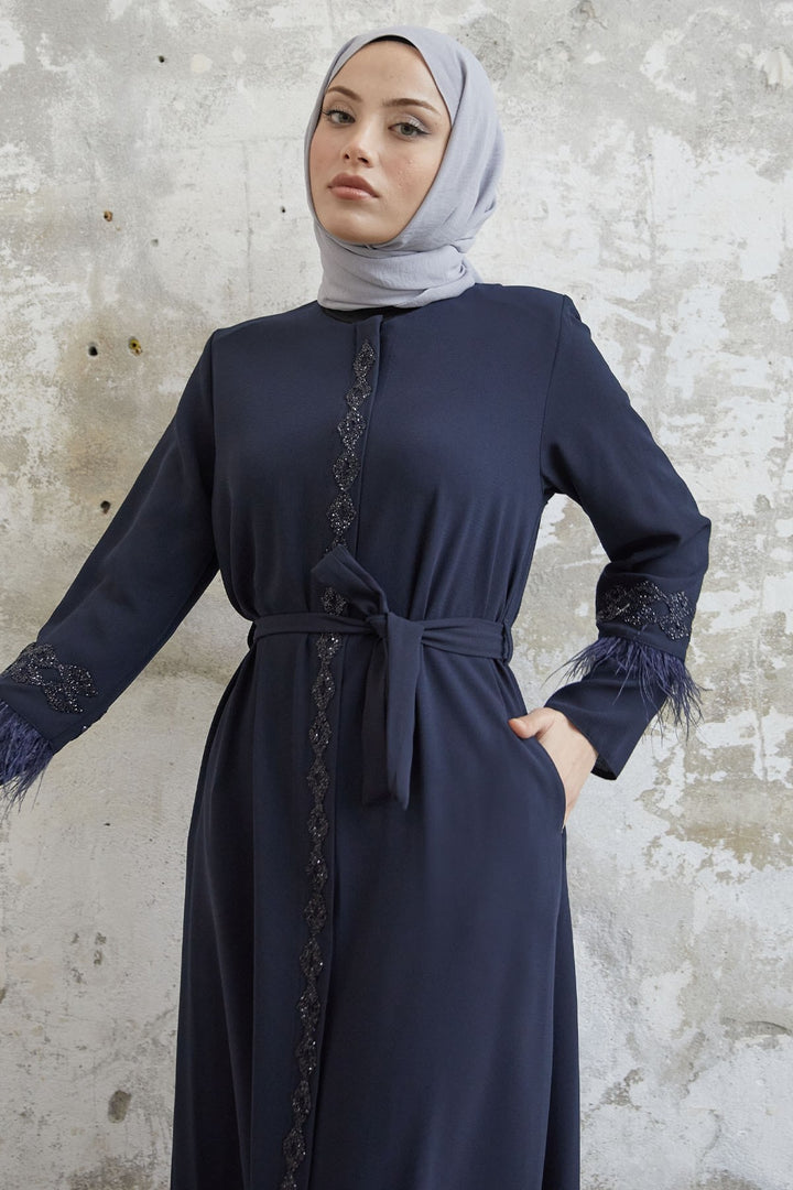 MDS Women Sleeve Tip Feather Detail Stoned Abaya - Navy Blue - Massy