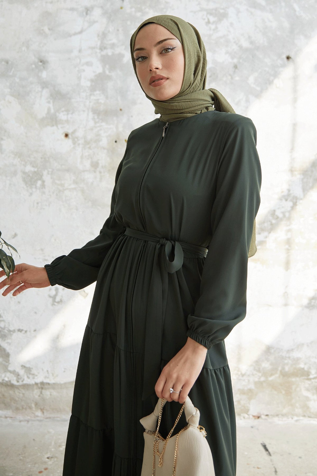 MDS Women Pleated Hem Belted Abaya - Khaki - Solingen