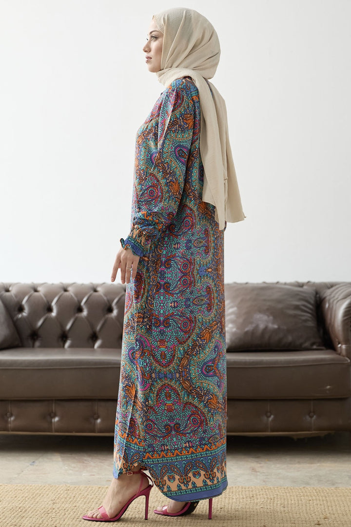 MDS Women Mandarin Collar Ethnic Pattern Viscose Dress - Blue - San Juan del Río