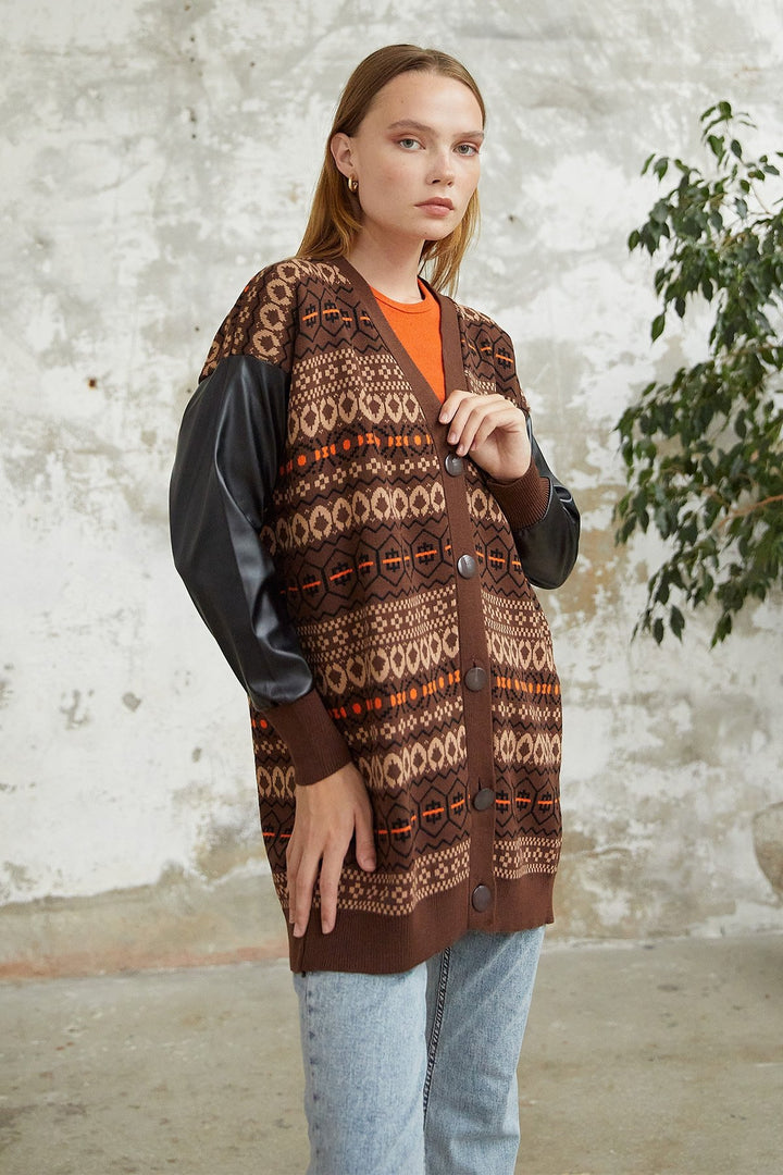 MDS Women Elis Collar Leather Cardigan - Brown - Jocotitlán