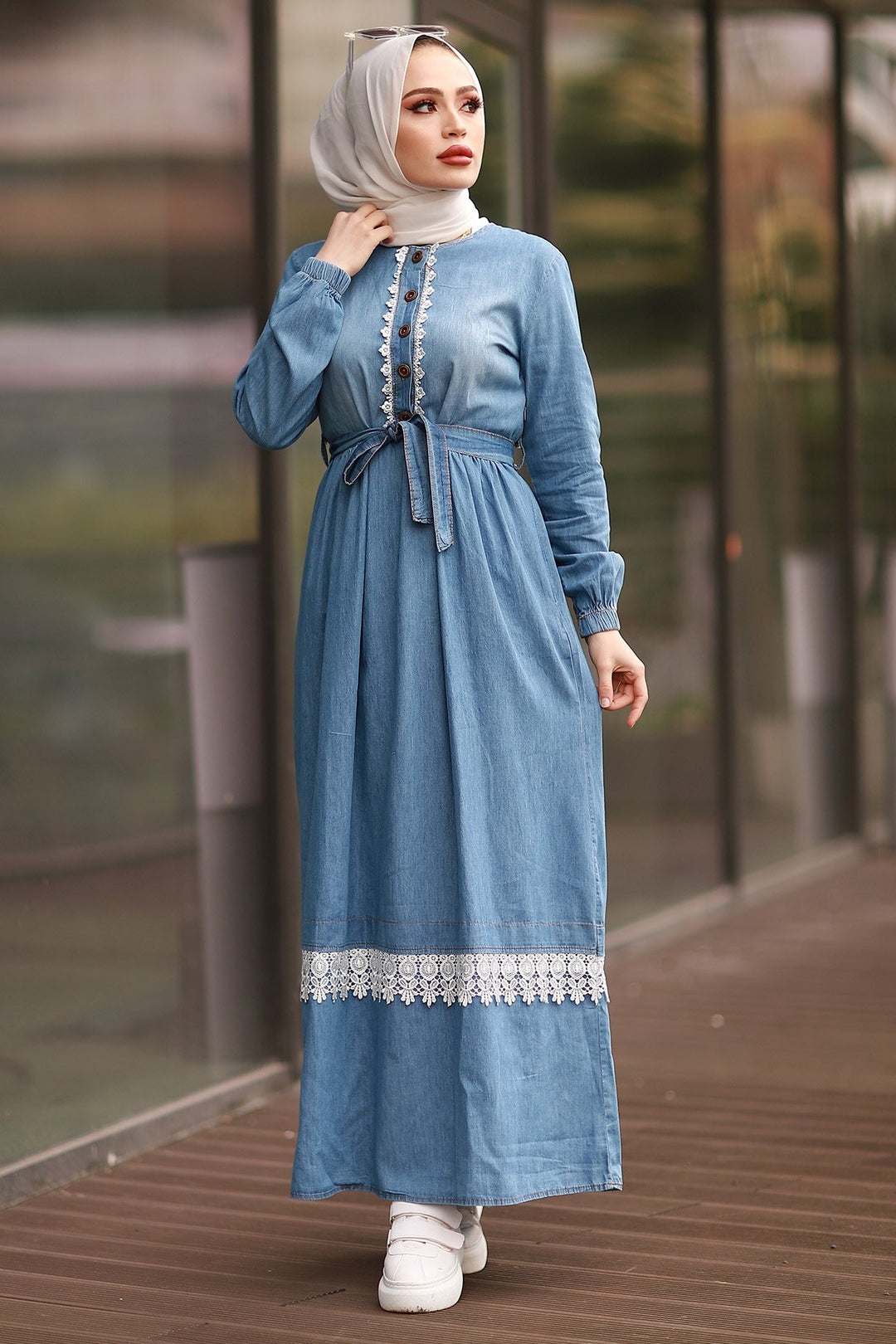 MDS Women Lace Detailed Denim Dress - Light Blue - Lawrence