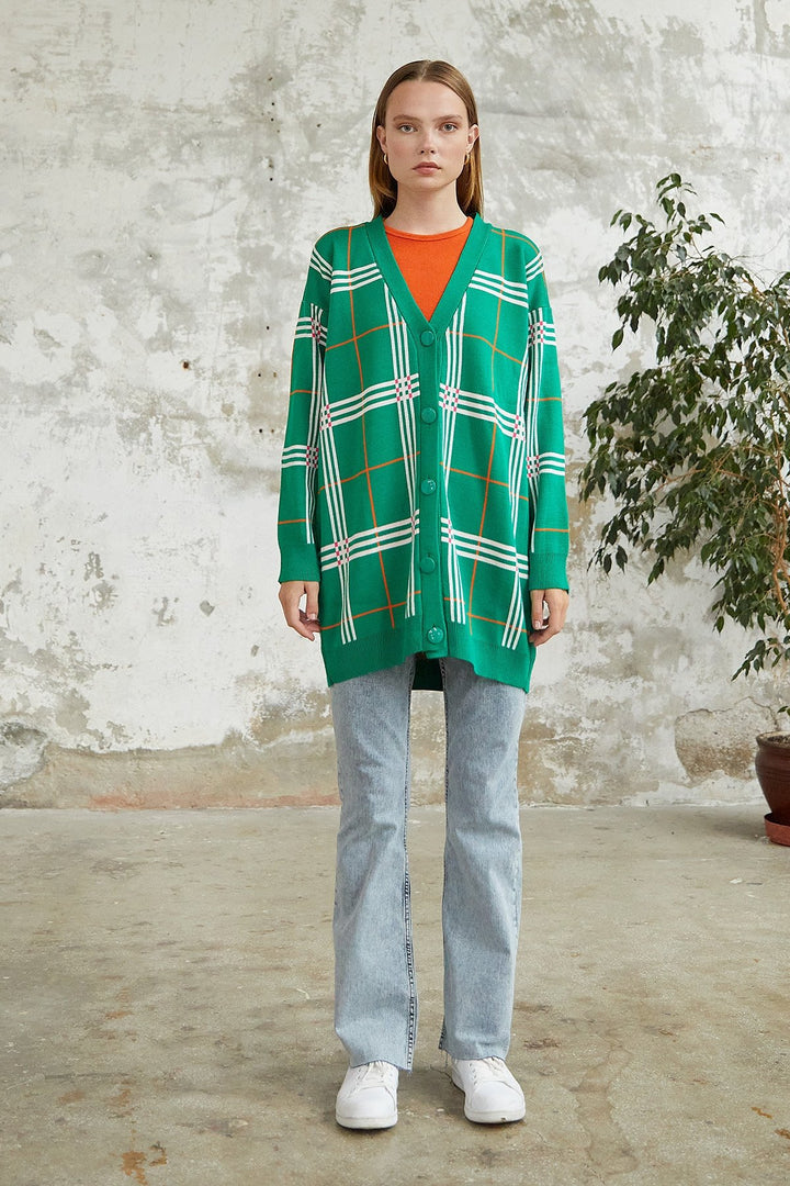 MDS Women Meri Plaid Patterned Cardigan - Green - Sioux City