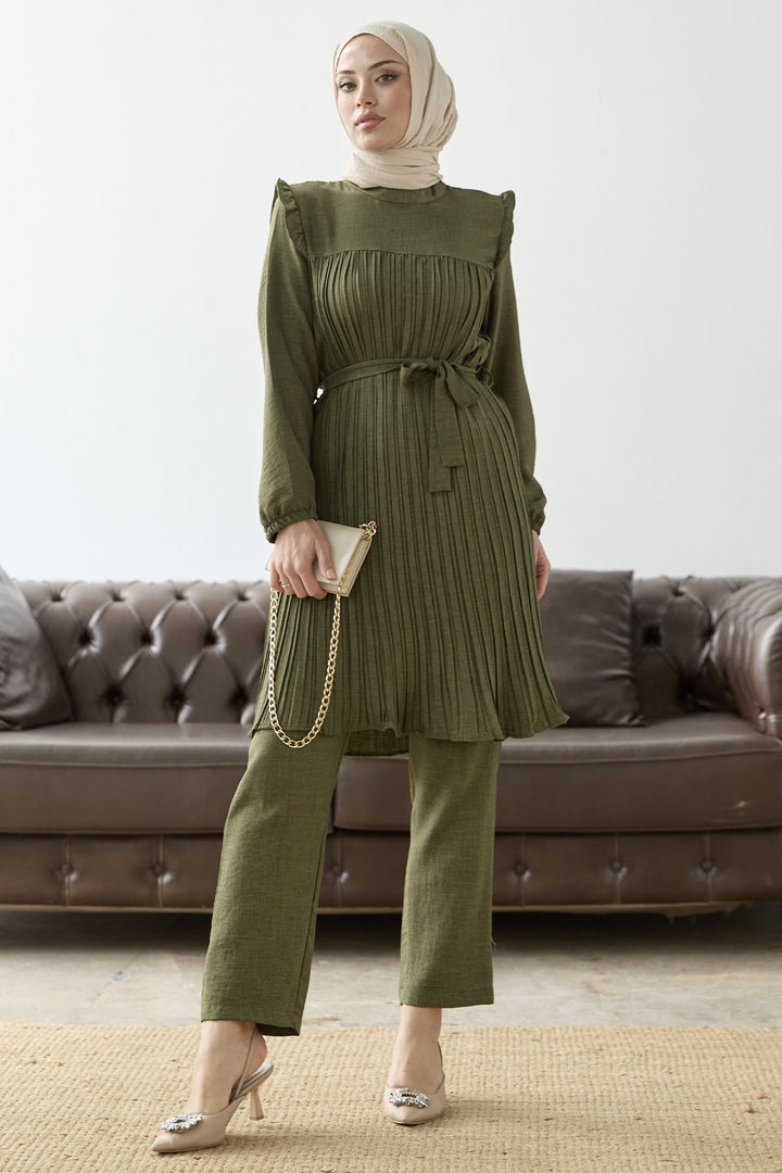 MDS Women Front Pleated Ruffle Detail Set - Khaki - Neumarkt