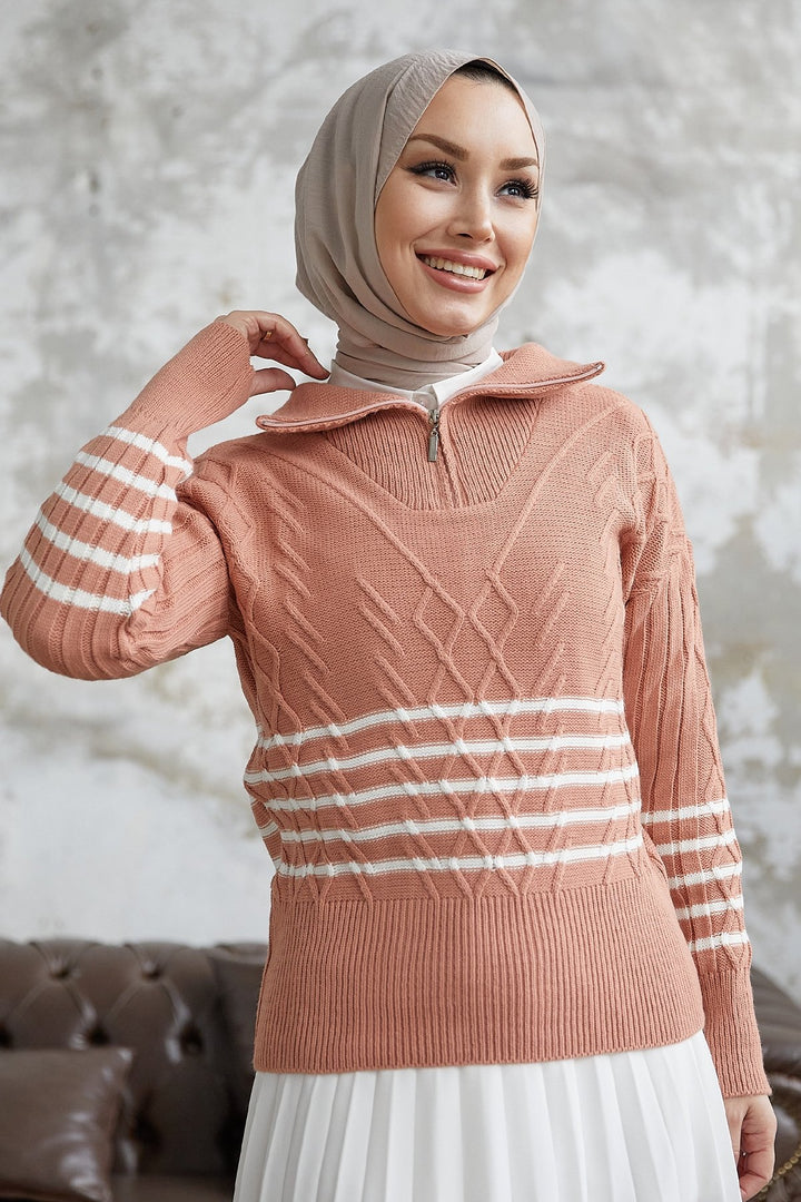 MDS Women Sova Neck Zippered Striped Knit Sweater - Salmon \ White - Accrington