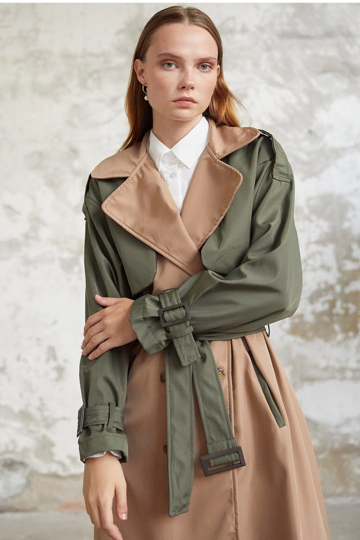 MDS Women Two-Tone Epaulet Detail Trench Coat - Khaki - Oviedo