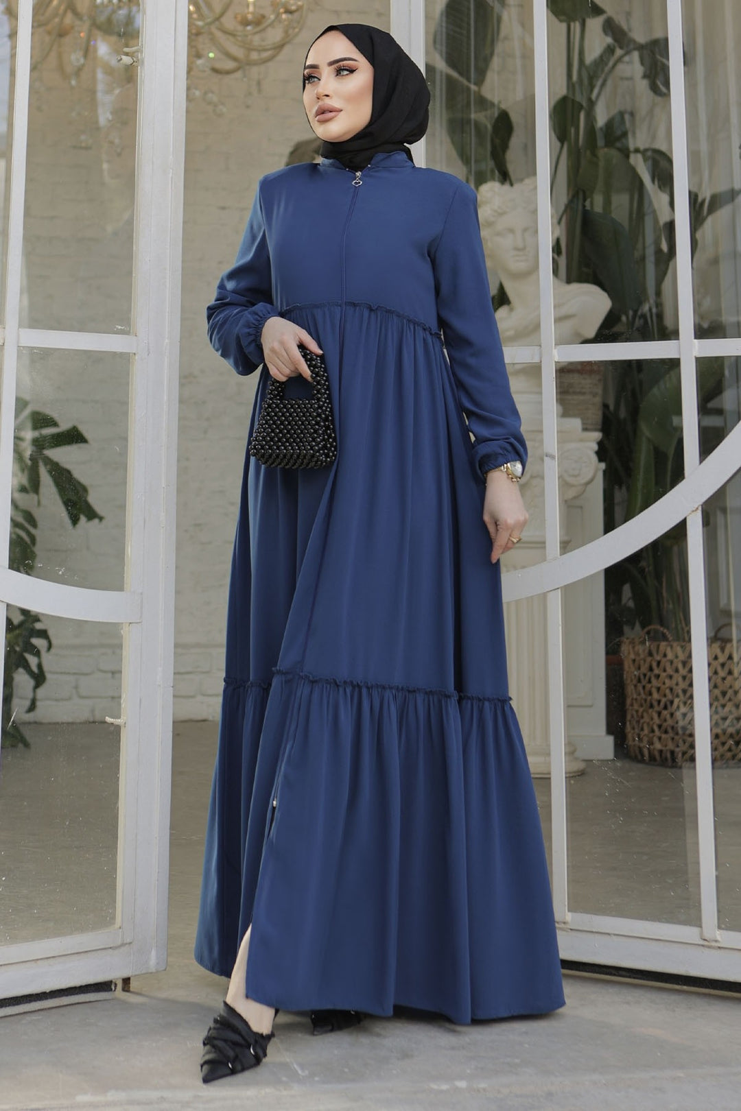 MDS Women Pleated Detail Zippered Abaya - Indigo - West Seneca