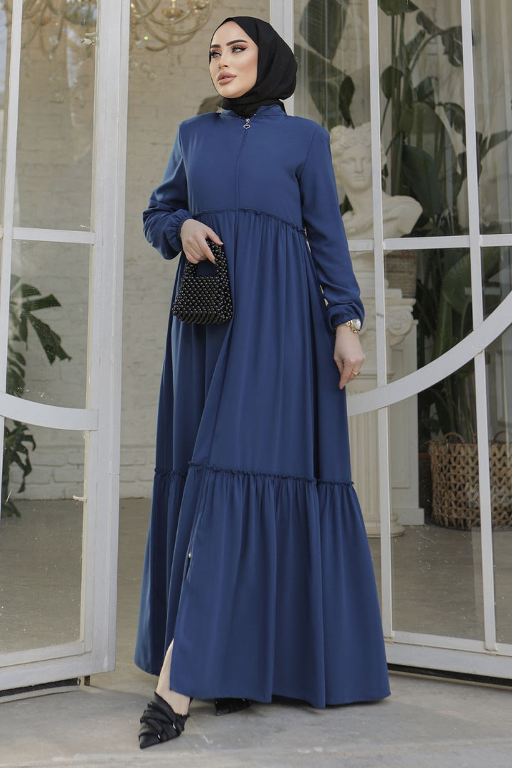 MDS Women Pleated Detail Zippered Abaya - Indigo - West Seneca