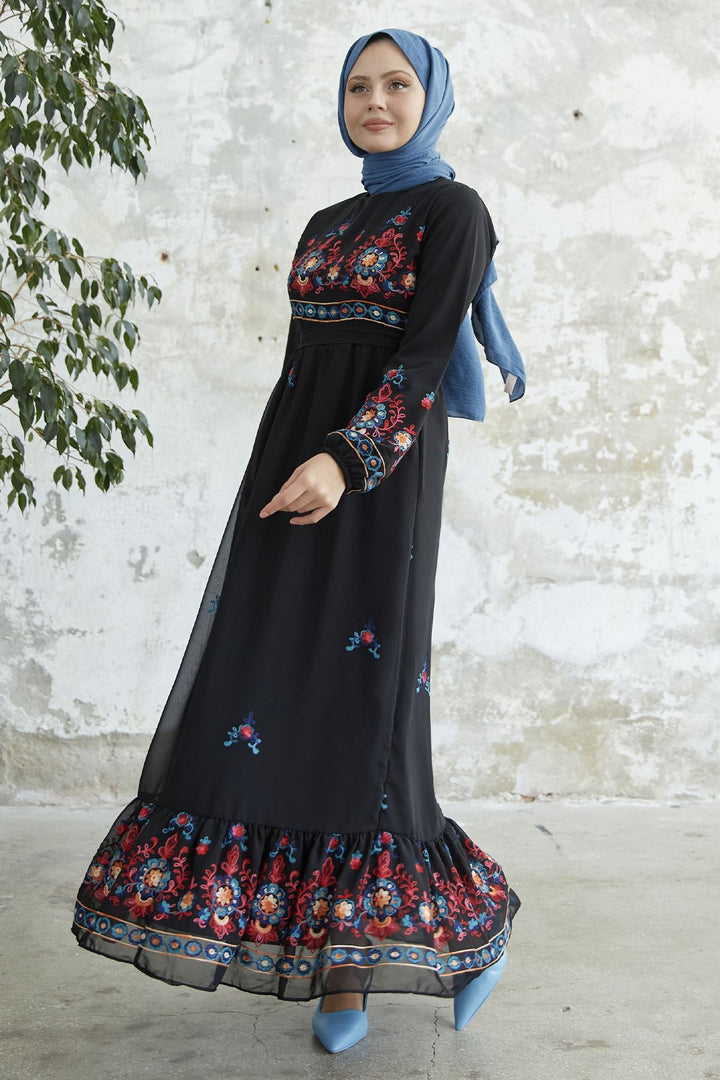 MDS Women Embroidered Skirt Frill Chiffon Dress - Black - Lerma