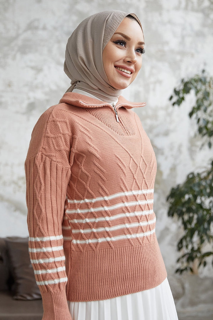 MDS Women Sova Neck Zippered Striped Knit Sweater - Salmon \ White - Accrington