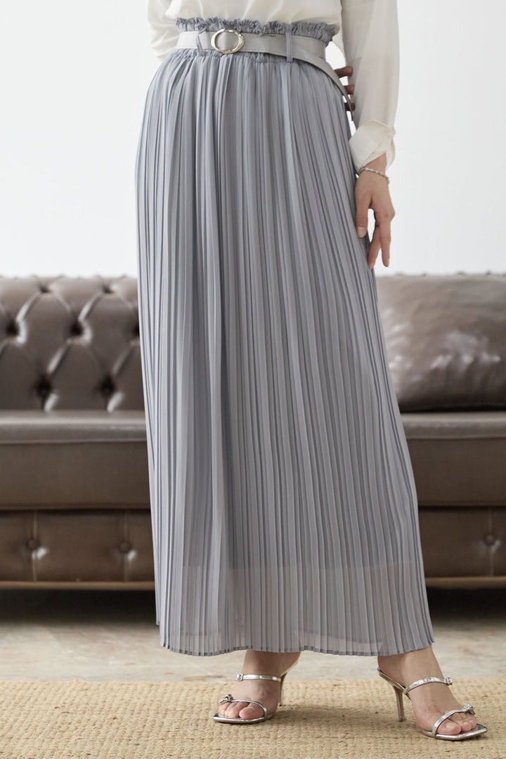 MDS Women Ruched Waist Chiffon Skirt with Belt - Grey - Vendrell