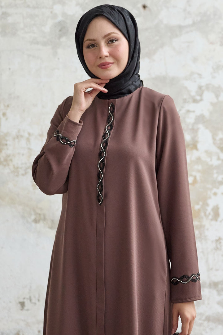 MDS Women Spiral Stone Detailed Honeycomb Brown Abaya - Andover