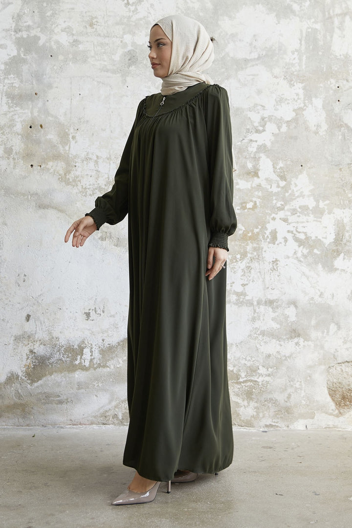 MDS Women Sleeve Tip Ruffled Abaya - Khaki - Ashford