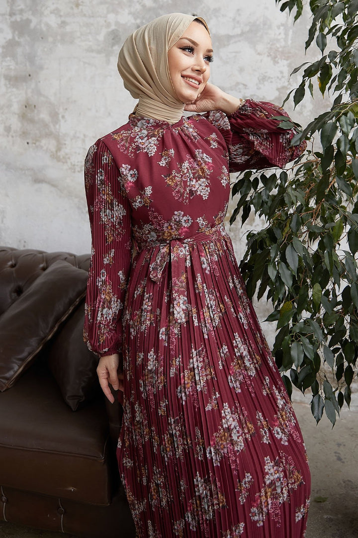 MDS Women Larina Flower Patterned Chiffon Dress - Burgundy - Collado-Villalba