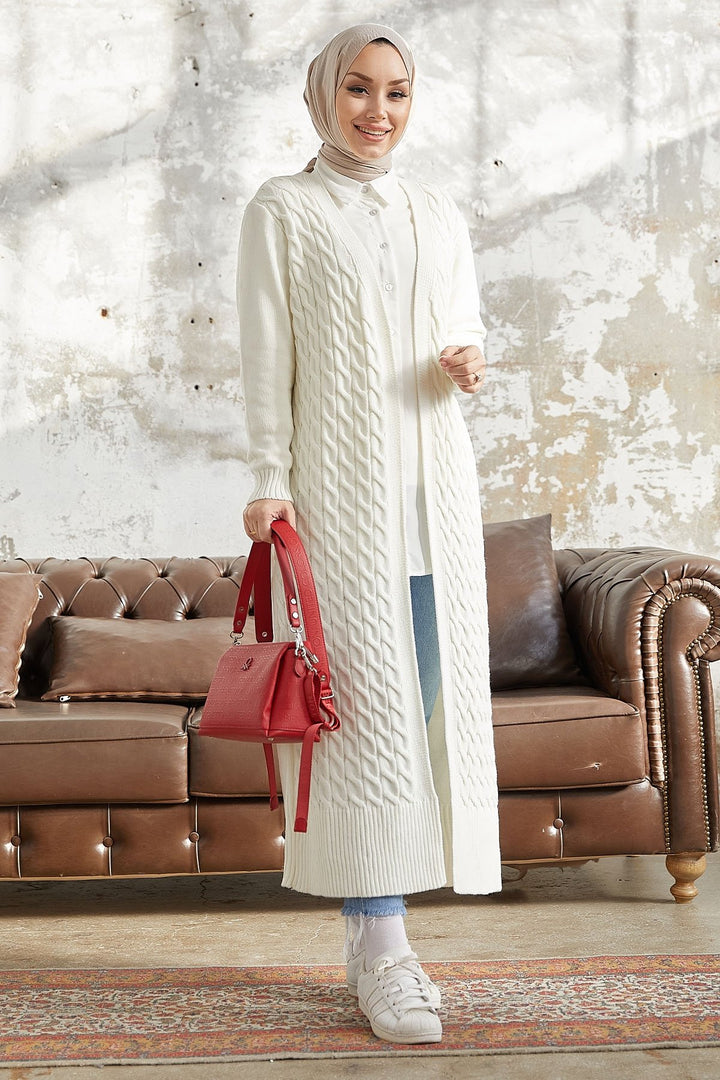 MDS Women Jolie Knitted Patterned Long Cardigan - White - Burgos