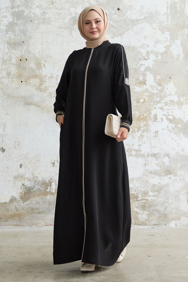 MDS Women Black Abaya with Half-Collar and Ribbed Sleeve - Flagstaff