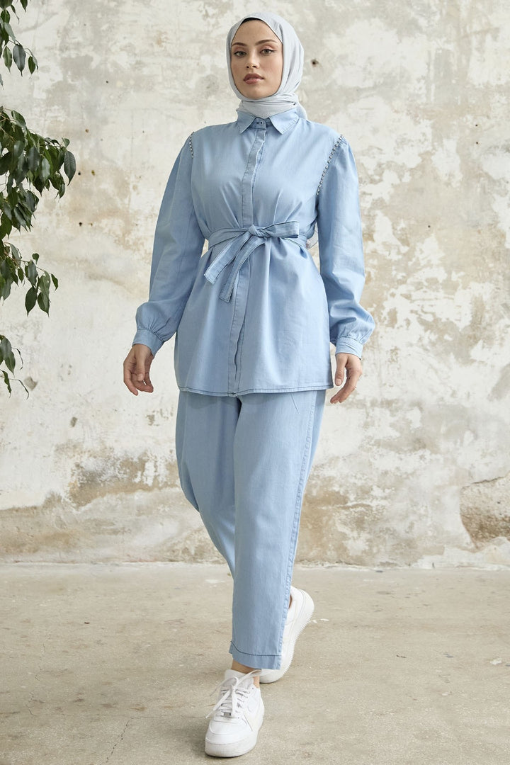 MDS Women Stone Washed Denim Two Piece Set - Light Blue - Steyr