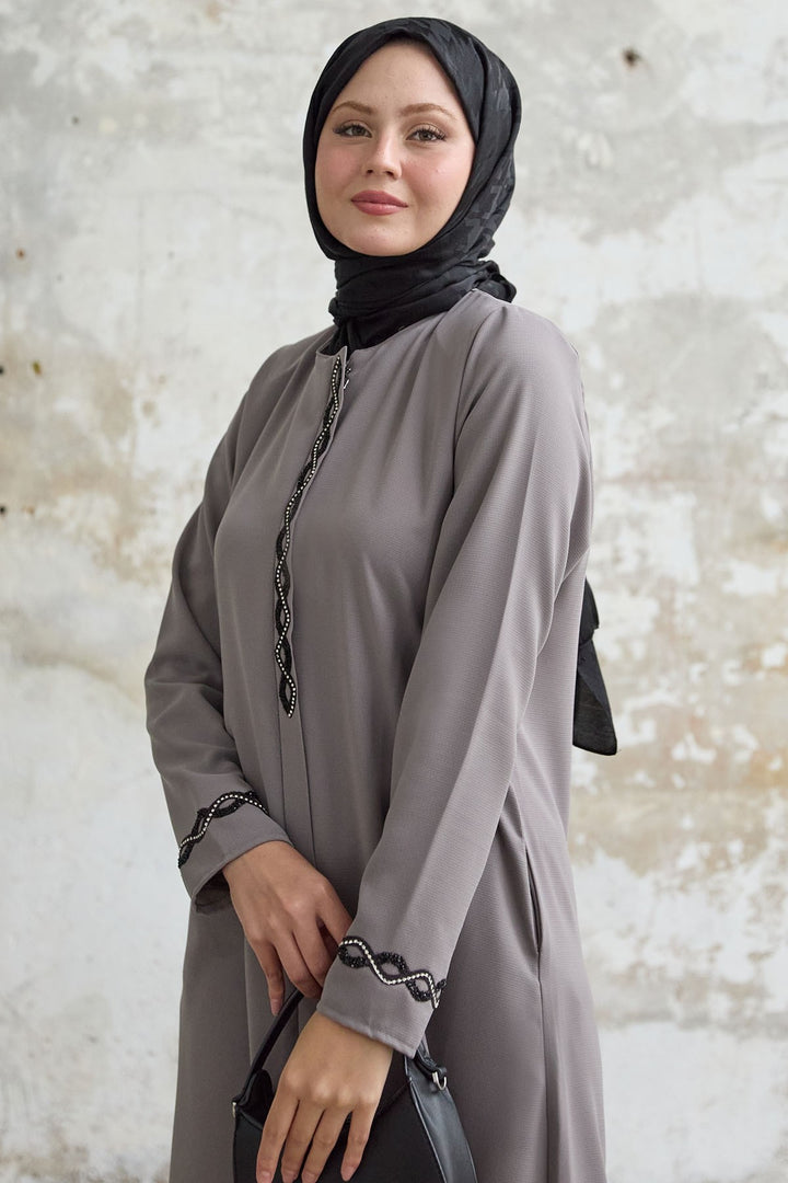 MDS Women Spiral Stone Detailed Honeycomb Mink Abaya - Silver Spring