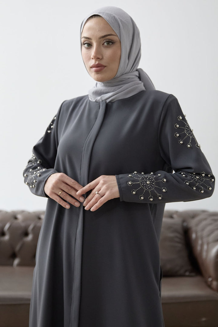 MDS Women Sleeves Pearl Stone Detail Abaya - Anthracite - Mairena del Aljarafe