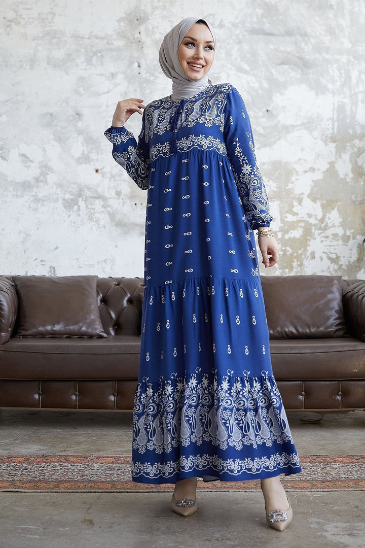 MDS Women Viscose Dress with Tassel Pattern in Front of the Jungle - Indigo - Manacor