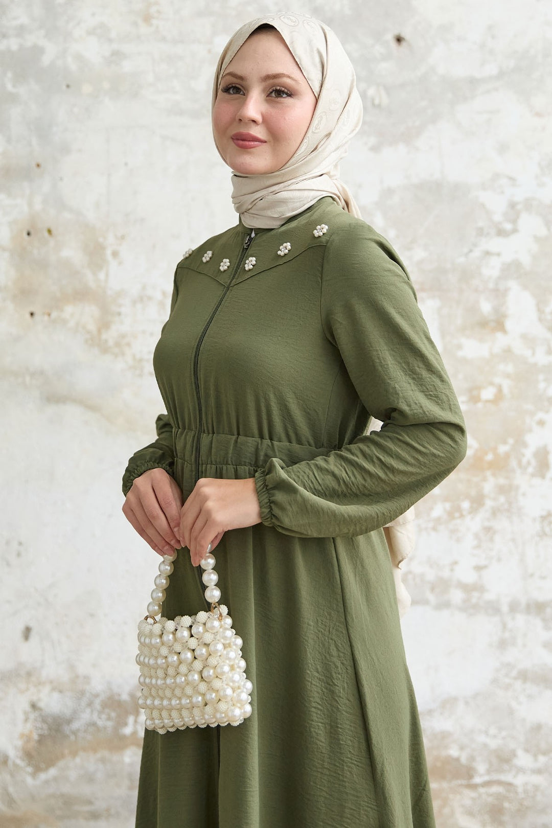 MDS Women Flower Pearl Embroidered Elastic Khaki Ferace - Flower Mound
