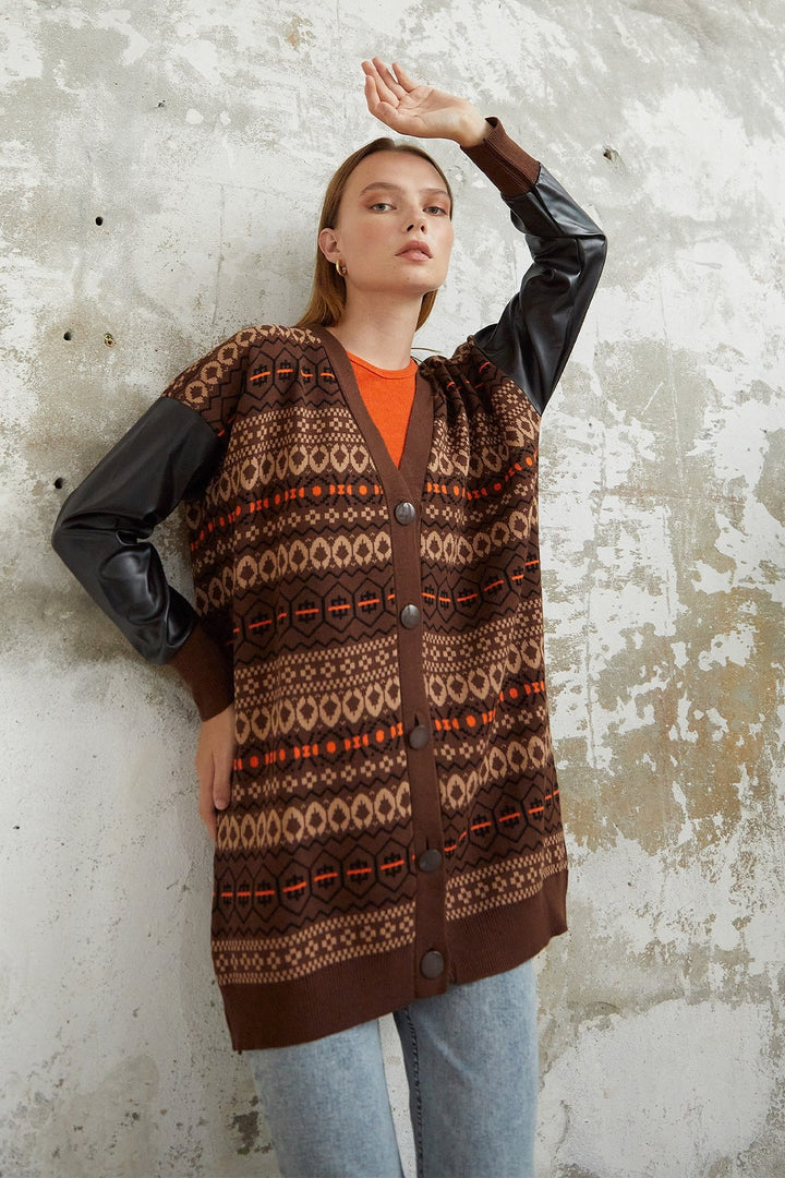 MDS Women Elis Collar Leather Cardigan - Brown - Jocotitlán