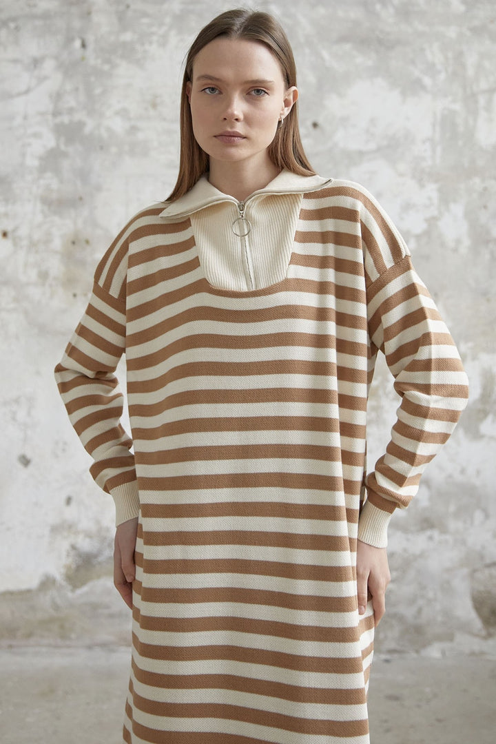 MDS Women Striped Knit Dress with Zippered Neck - Camel - Tournai