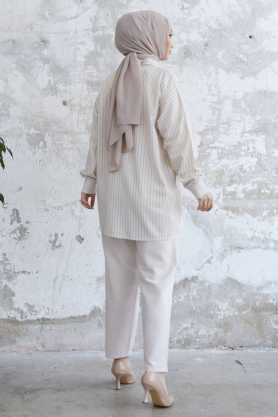MDS Women Linen Stripe Pattern Shirt Set - Beige - Abrantes
