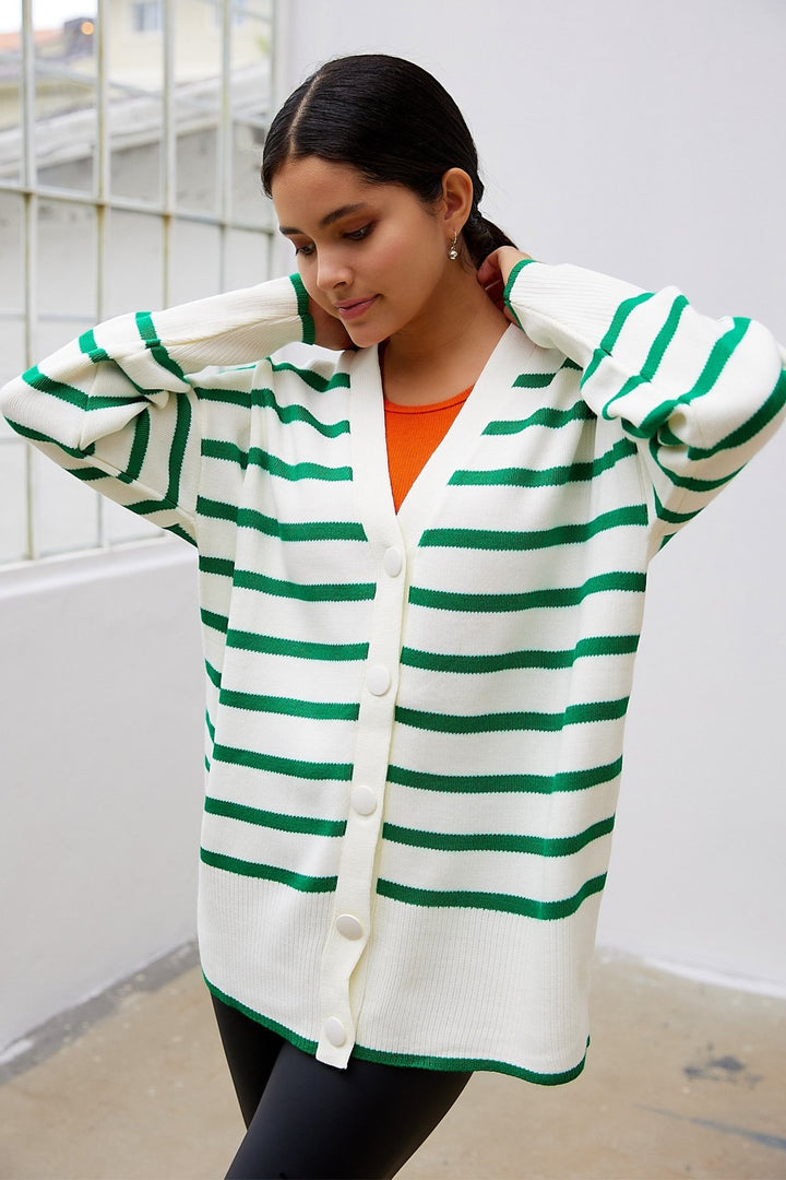 MDS Women Navi Striped Knit Cardigan - Green - Maspalomas