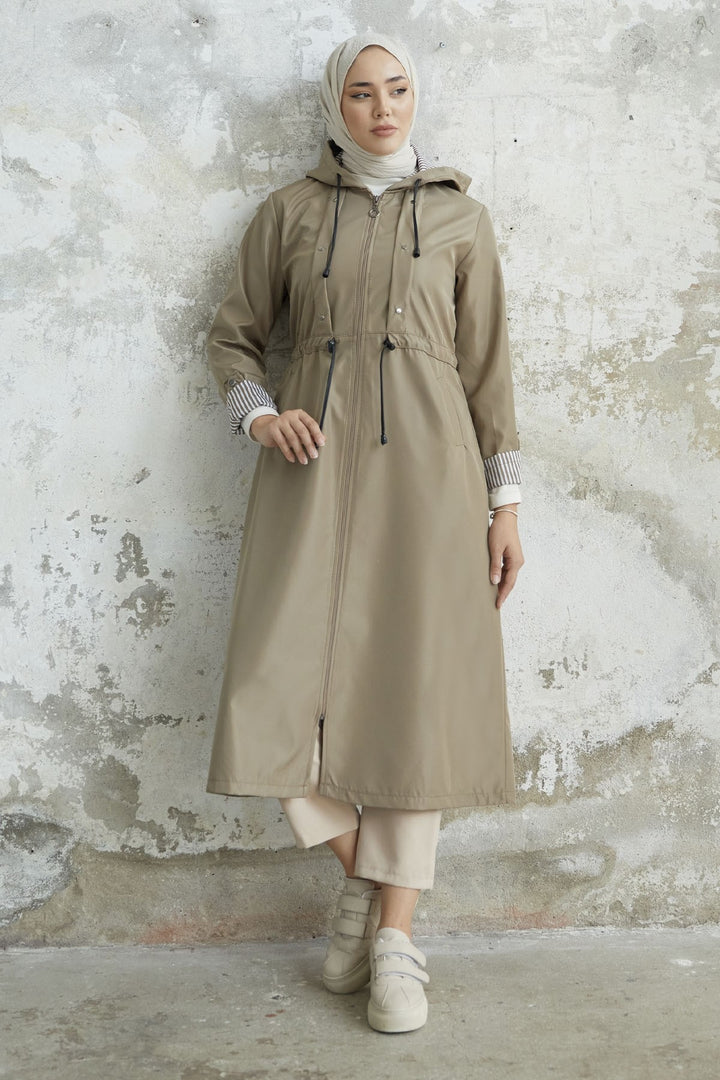 MDS Women Checked Striped Pattern Long Trench Coat - Beige - Middletown