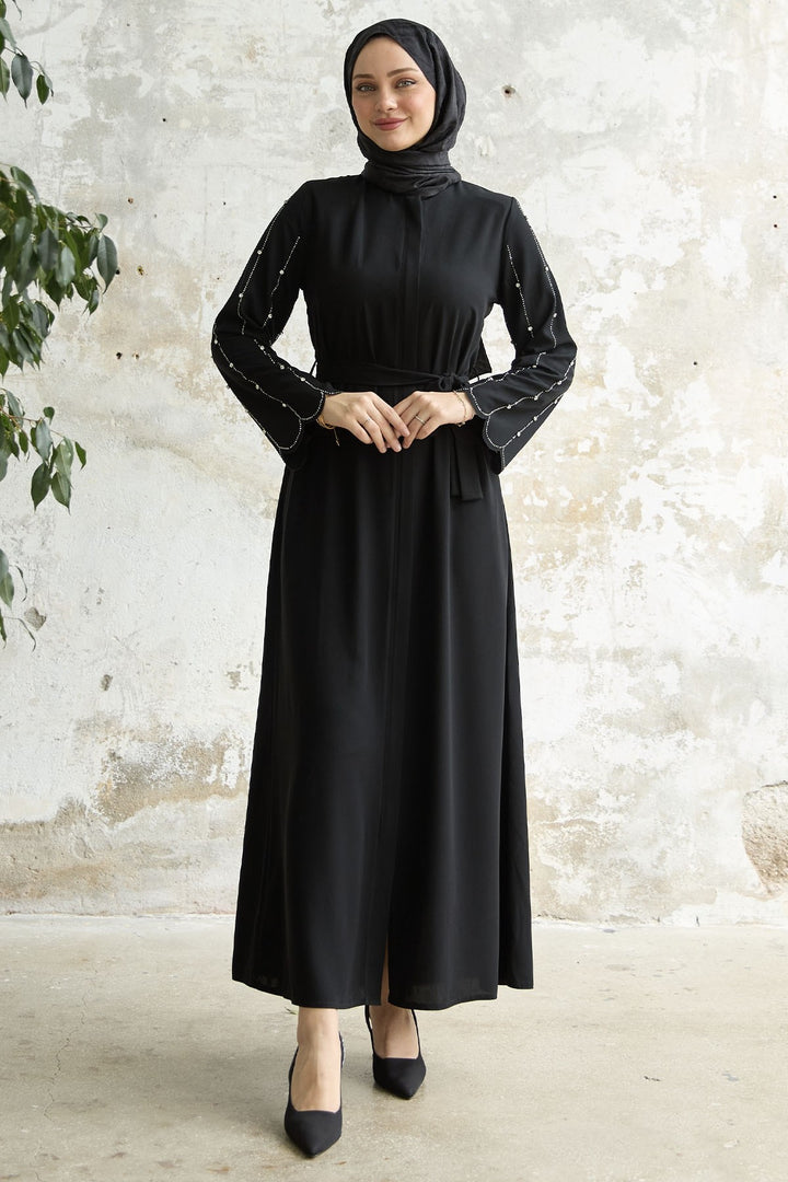MDS Women Sleeve Stone Processing Abaya - Black - The Hammocks