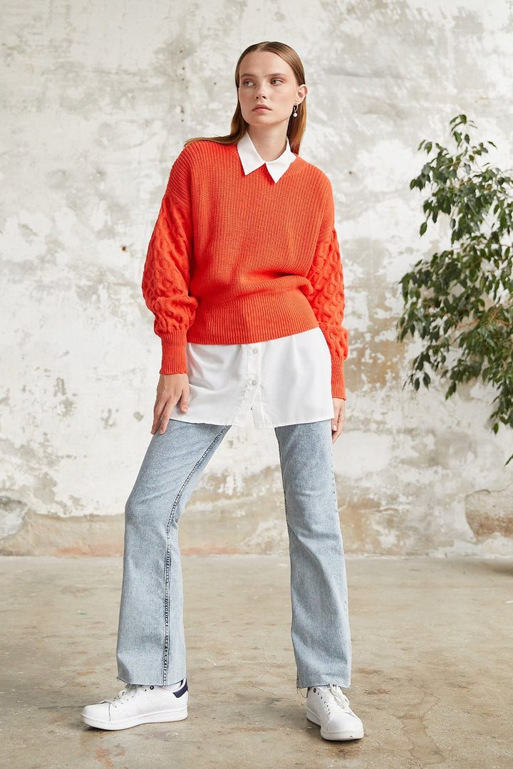 MDS Women Larisa Balloon Sleeve Knit Short Sweater - Orange - Caloundra
