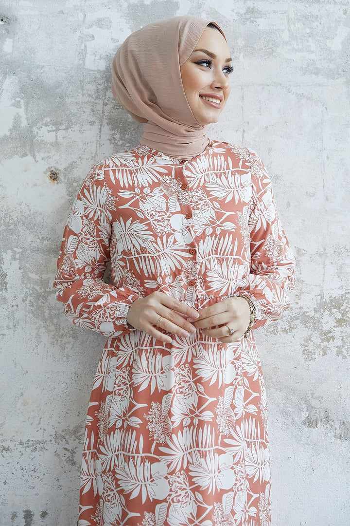 MDS Women Fale Complex Leaf Patterned Viscose Dress - Salmon - Sint-Truiden