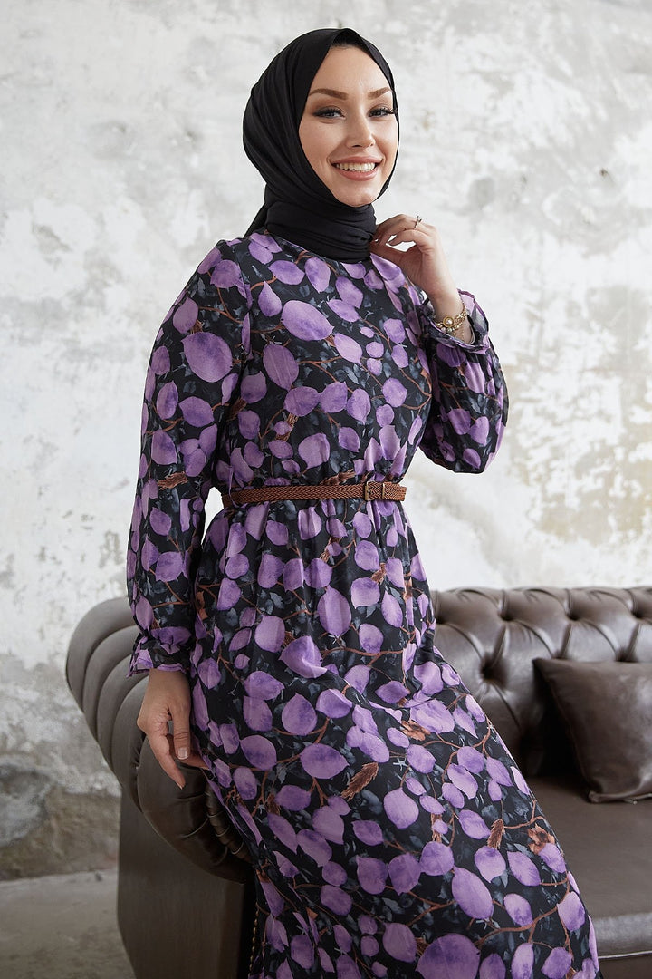 MDS Women Droplet Patterned Belted Chiffon Dress - Purple - Torres Novas