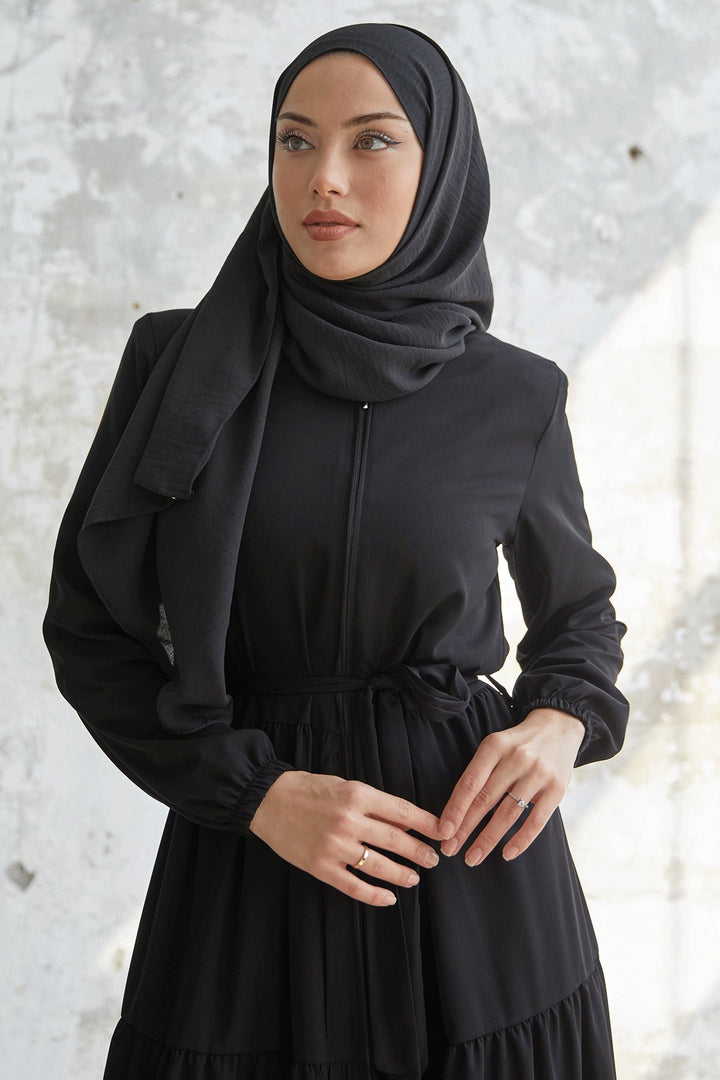 MDS Women Gathered Waist Ruffle Abaya - Black - Mexicali