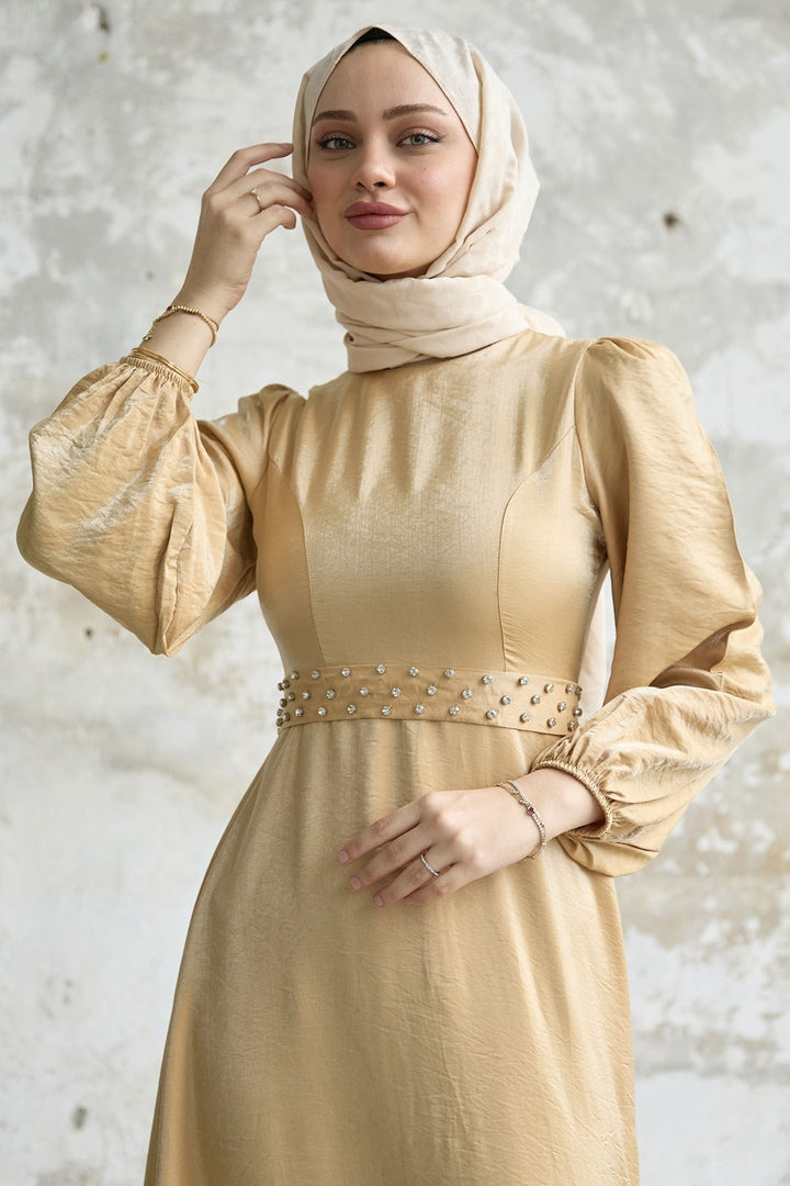 MDS Women Stone Belted Glitter Satin Dress - Yellow - Alenquer